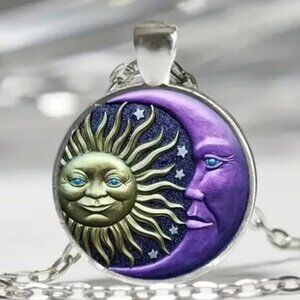 Silver PURPLE CELESTIAL Sun Moon Glass Cabochon Necklace